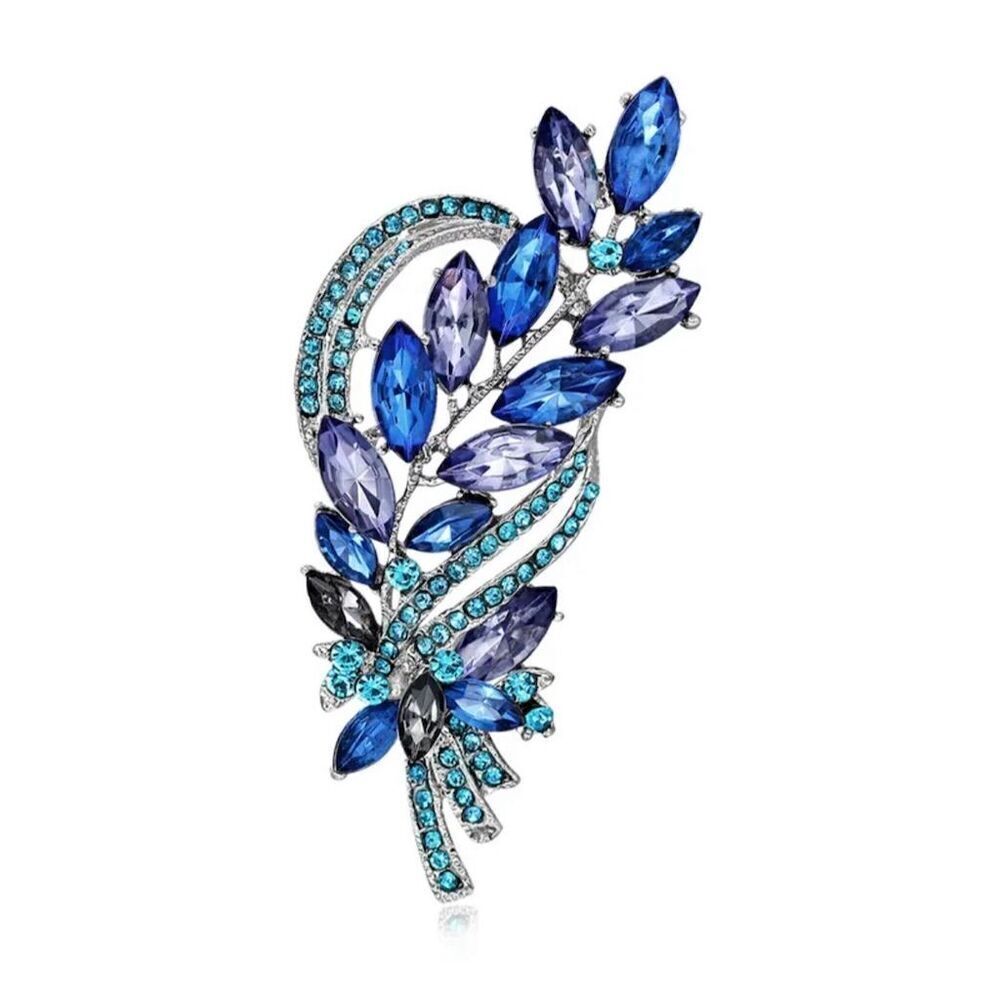Elegant Blue & Purple Prong Set Rhinestones Large Leaf Brooch Swirl Sparkle
